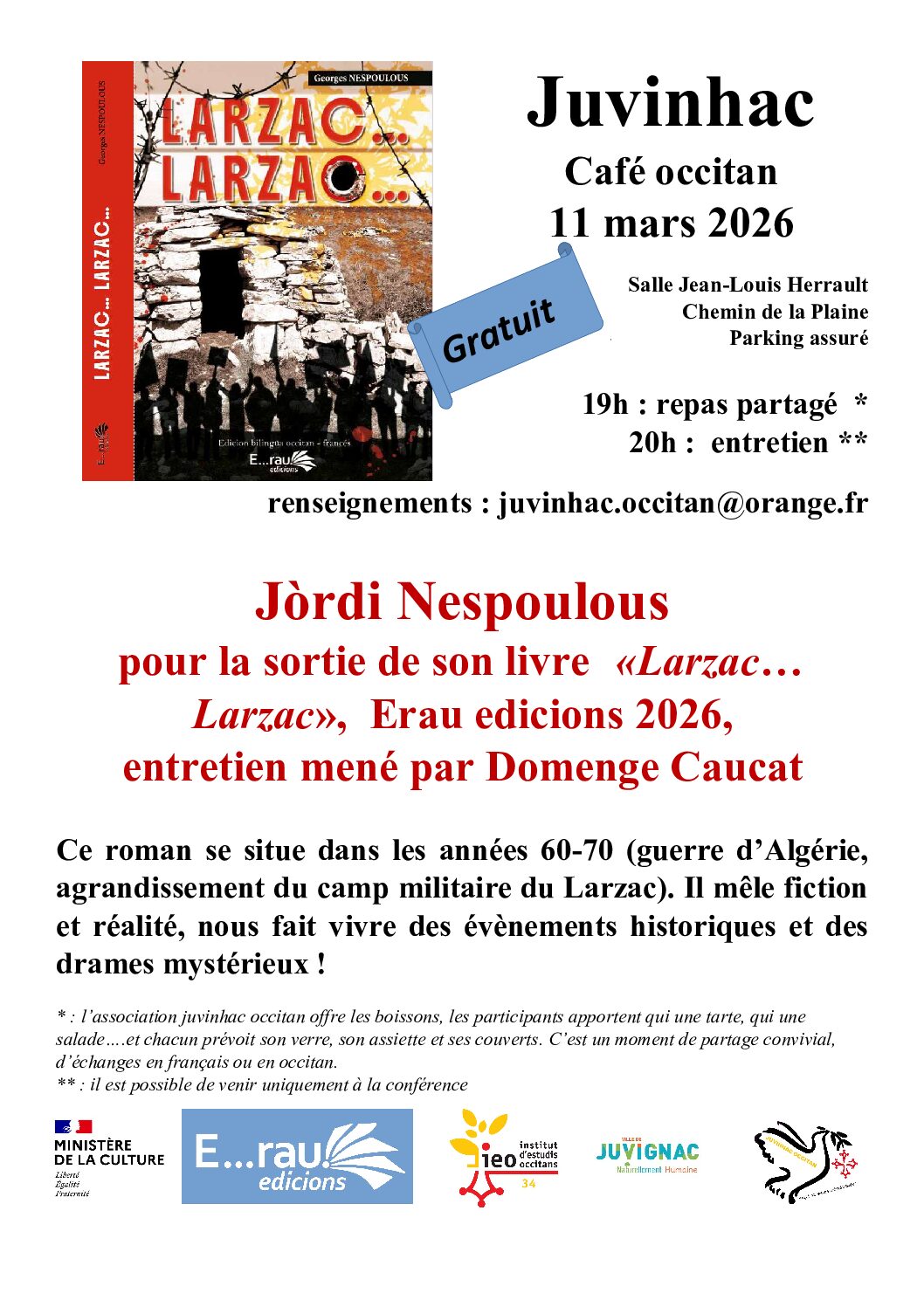 Cafè occitan Larzac… Larzac…. lo 11 de març a Juvinhac